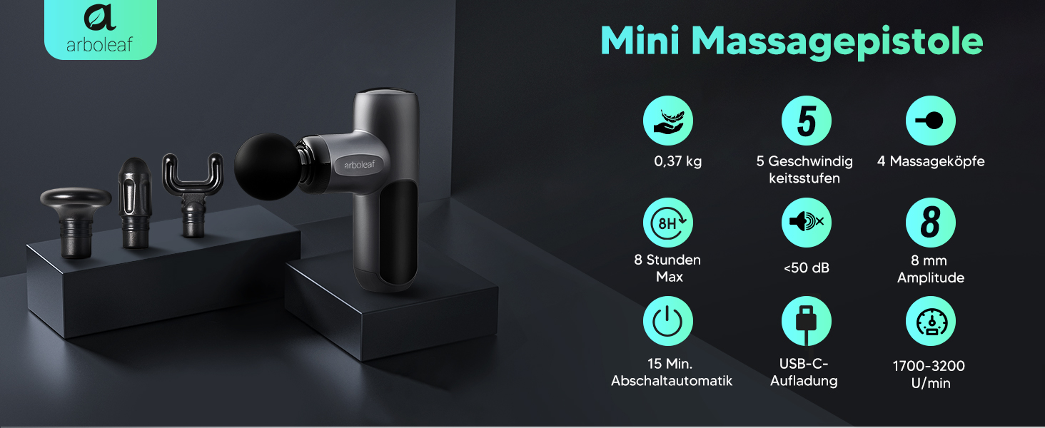 Масажер для тіла Arboleaf Mini - компактний масажний пістолет 5 швидкостей, 4 насадки, 3200 об/хв, тихий мотор, чорний