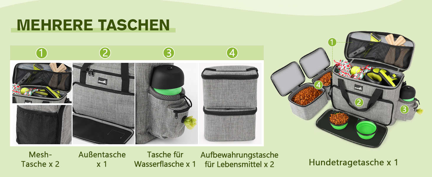 Переносна сумка для собак Pecute, велика переносна сумка для тварин, з 2 кишенями та 2 мисками для собак, сумка для подорожей з собакою, для поїздок, кемпінгу або щоденних прогулянок, сірого кольору 42 * 18 * 30 см, Класична L (42*30*18 см)