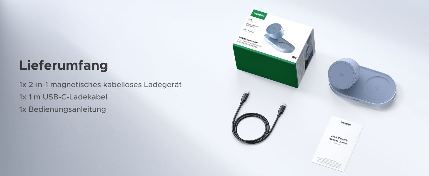 Бездротовий зарядний пристрій UGREEN 2-в-1 15W MagSafe для iPhone 15/14/13/12/17/16 та AirPods, кабель 1м - Синій