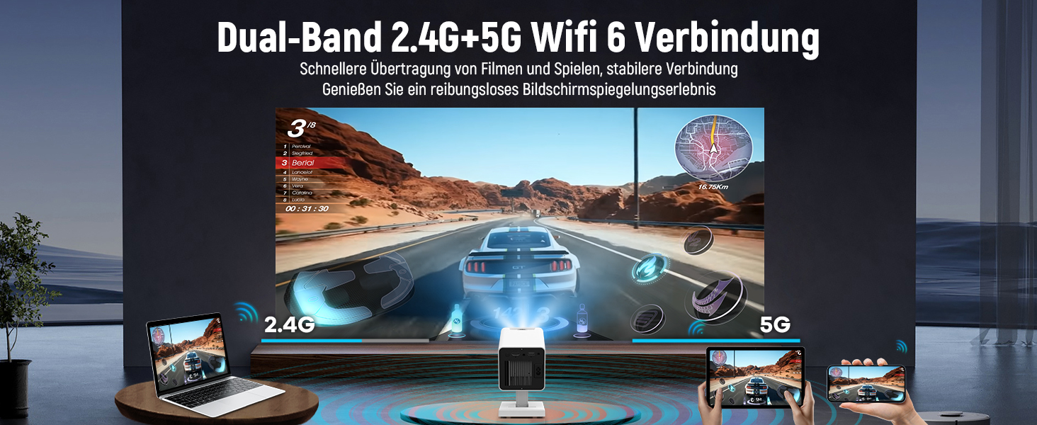 Mini проєктор Beamer 4K з Wi-Fi 6 та Bluetooth 5.0, 150 ANSI Lumen, портативний, автоматичне вирівнювання, 130 дюймів, для домашнього кіно, сумісний з телефоном/ПК/HDMI/USB