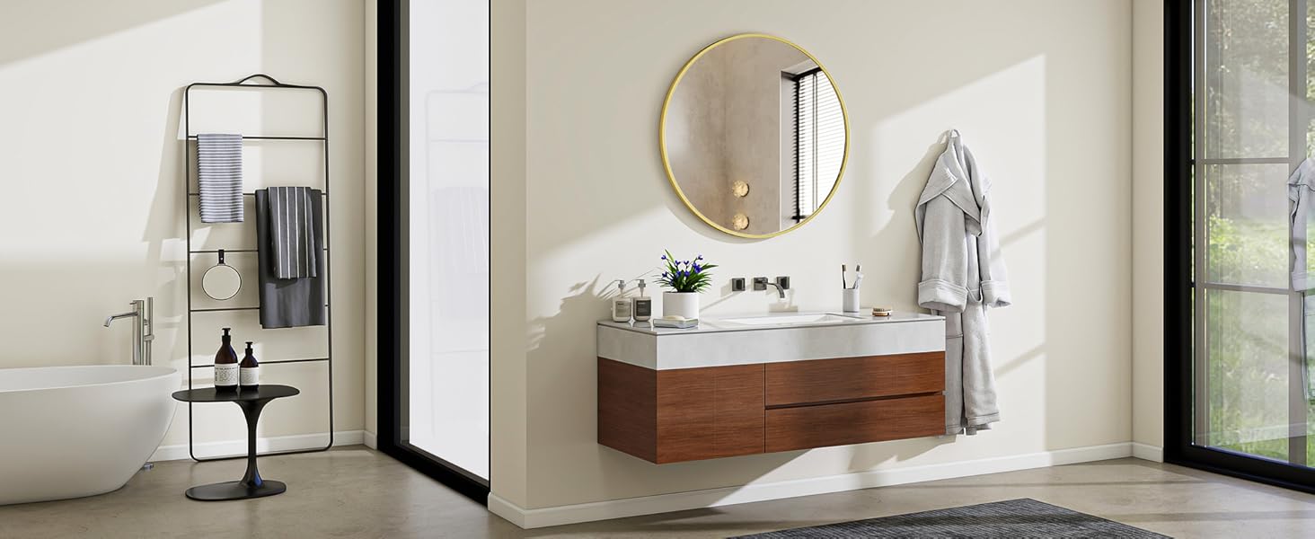 BEAUTYPEAK Дзеркало кругле 60 см з декоративним алюмінієвим каркасом, безпечне для ванної кімнати, для спальні, вітальні (106x106 см, золото)