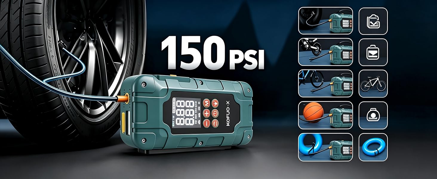 Пусковий пристрій (бустер) для авто 12V 7000A з компресором та Powerbank, колір зелений