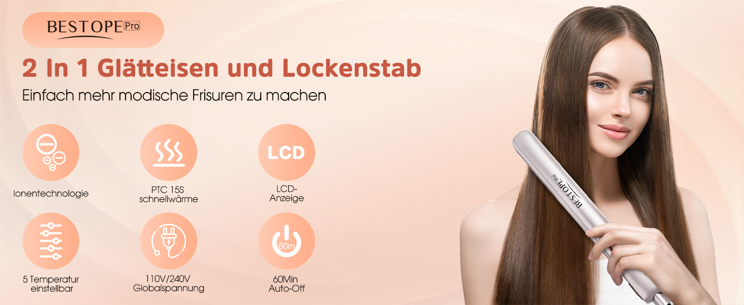 BESTOPE PRO 2-в-1: випрямляч та плойка для волосся, швидкий нагрів 15с, іонізація, керамічне покриття, зменшує пухнастість, 3D-плавальні пластини, LCD-дисплей, 120-230°C, сріблясто-сірий