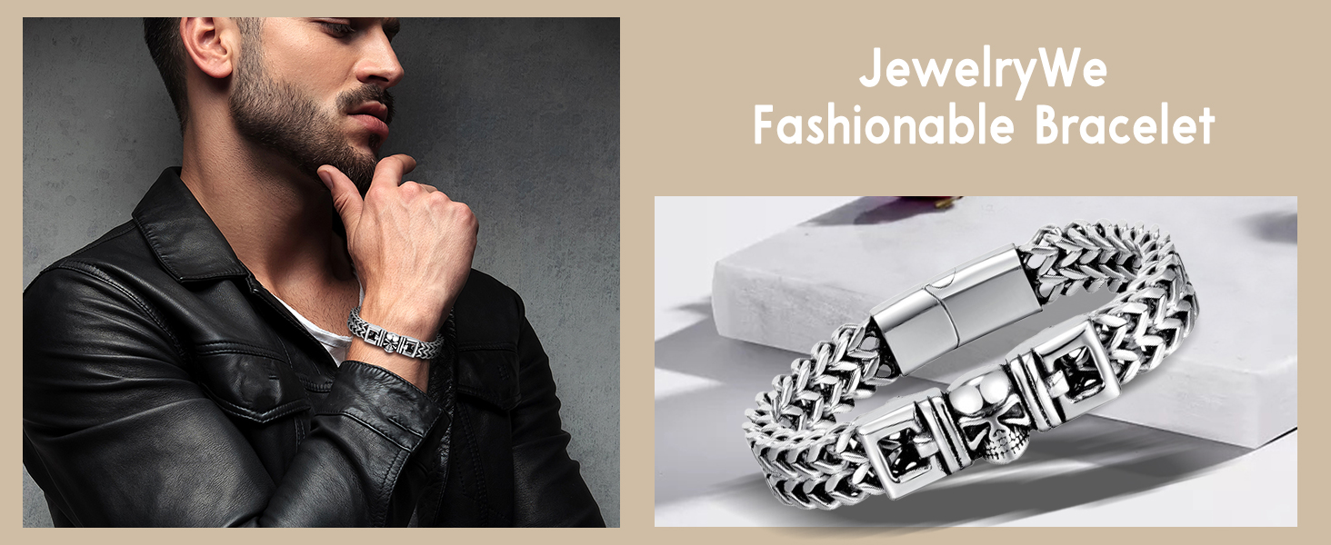 Чоловічий браслет-ланцюг JewelryWe в готичному стилі: срібний браслет з черепом для байкерів, сталевий ланцюг на руку