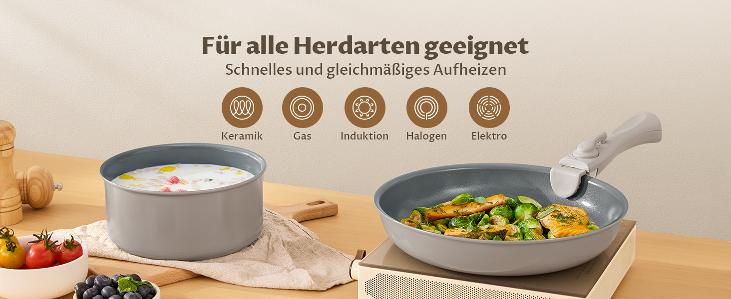 Набір каструль BEZIA 17 предметів з знімним ручками, антипригарний набір сковорідок з керамічним покриттям, набір каструль для індукційних плит, підходить для всіх типів плит, стік-набір, посуд для кемпінгу, піч-безпечний, світло-бежевий