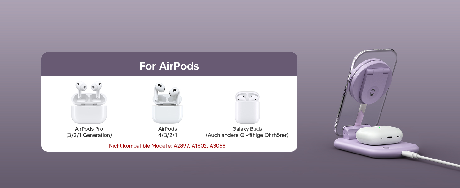 Зарядний пристрій MagSafe 3-в-1 для Apple Watch та iPhone: фіолетовий колір. Підходить для iPhone 17, 16, 15, 14, 13, 12 Pro Max/Air/Plus/Pro та Apple Watch 10/9, Airpods 3/2/Pro