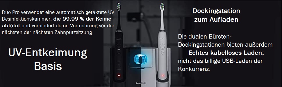 AquaSonic DUO PRO – Електрична зубна щітка з ультразвуком 40 000 VPM - 4 режими, Smart-таймер, UV-стерилізація, бездротова зарядка, 10 насадок ProFlex та 2 дорожні етиуси