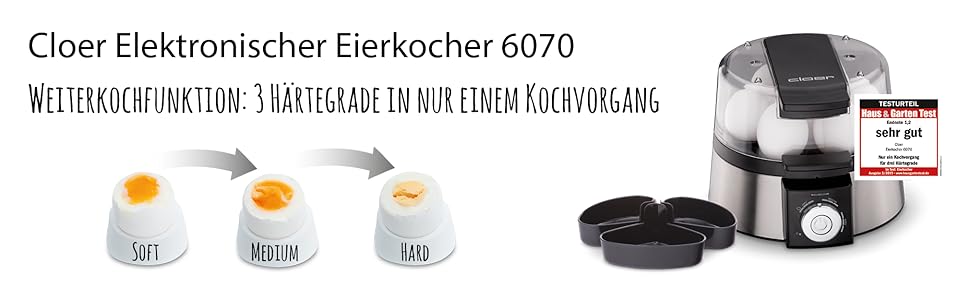 Електричний яйцеварка Cloer 6070 для 7 яєць, функція продовження варіння, звукова сигналізація, 3 формочки для яєць-пашот, 435 Вт, нержавіюча сталь