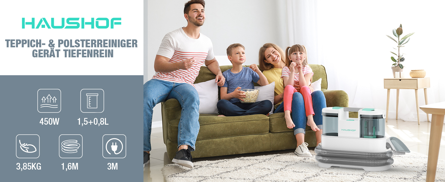 HAUSHOF StainZapper Pro: Пилгопоглинач для миття килимів та м'яких меблів, 450W, 12kPa, об'єм 1.5+0.8L, з миючим засобом та щіткою для швів. Ідеальний для килимів, диванів, м'яких меблів та авто. Модель HH23111