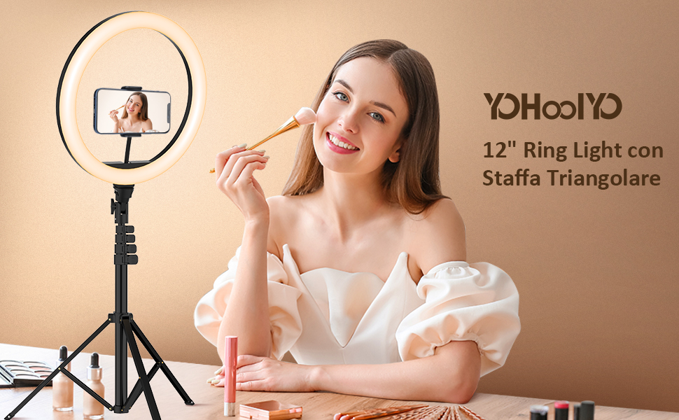 Ringlicht YOHOOLYO 12 дюймів зі штативом 163 см, 3 кольори світла, 10 рівнів яскравості для TikTok, YouTube, фото та відеозйомки