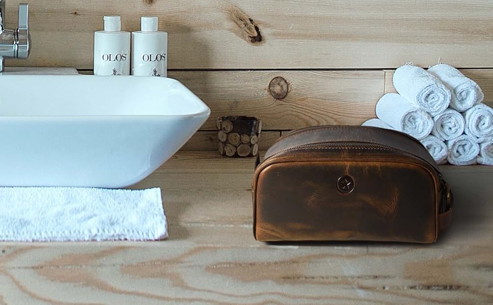 Шкіряна косметичка для чоловіків Aaron Leather — дорожній набір для догляду, темно-коричнева (горіх), з подвійною блискавкою