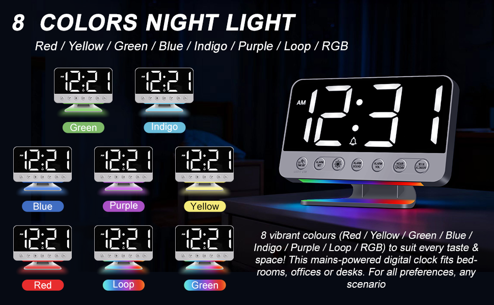 Цифровий будильник з LED-дисплеєм та RGB-підсвіткою, потужний сигнал 30-110дБ для міцного сну, USB-порт, функція Snooze, сріблястий