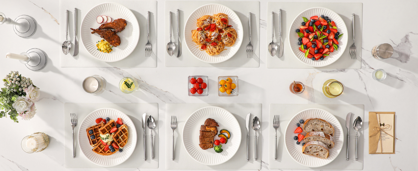 Набір посуду MALACASA LEILA на 6 осіб, 24 предмети: тарілки, миски, посуд з порцеляни з ручним рельєфним дизайном, безпечний для мікрохвильової печі та посудомийної машини, білий