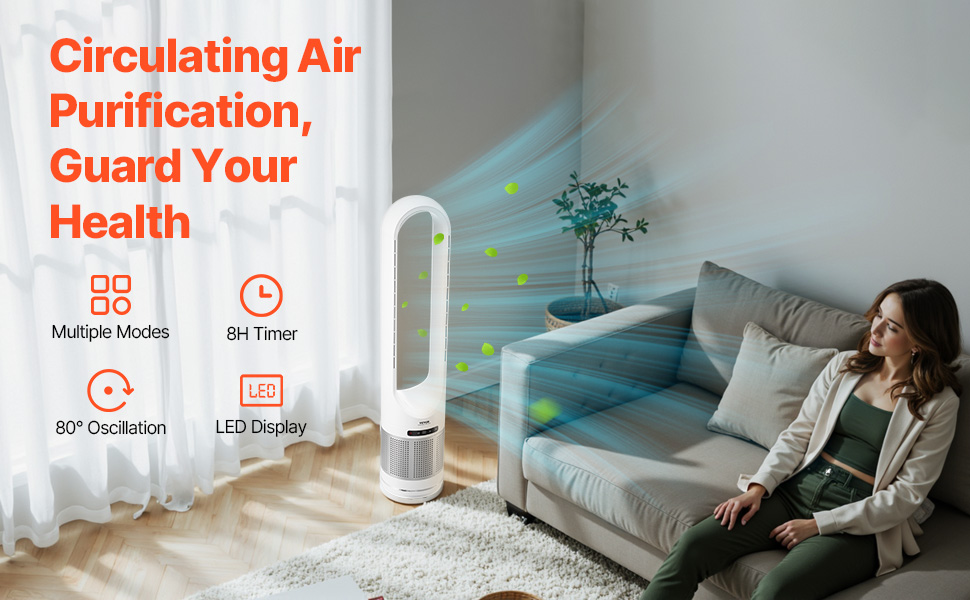 Турбо-вентилятор VEVOR без лопатей з HEPA-фільтром, 4.7 м/с, 8 швидкостей, осциляція 80°, таймер 8 годин, пульт ДК, режим очищення повітря