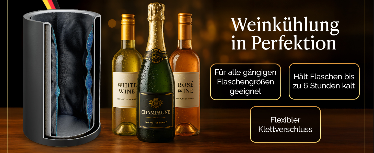 Охолоджувач для вина BARMINGO з нержавіючої сталі з 2 охолоджувальними акумуляторами – охолоджувач для напоїв та пляшок для вина, шампанського та секту | Подвійний сектокюлер з охолоджувальними манжетами | Охолоджувач для винних пляшок | Золотий