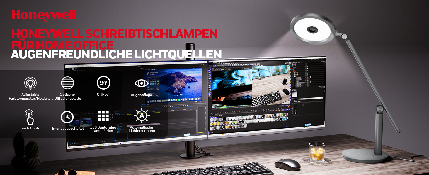 Лампа настільна Honeywell H6 Sunturalux Eye-Care LED з регулюванням яскравості, таймером та сенсорним керуванням (сіра)