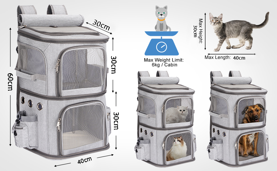 Рюкзак для котів на 2 котів, 2-в-1, знімний подвійний відсік, до 12 кг, переноска, для товстих котів, з вентиляцією, XL, сірий