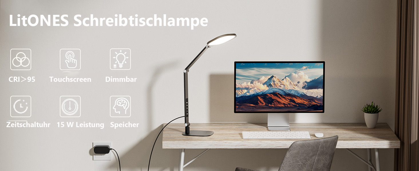Стійка лампа LED з регулюванням яскравості, захист зору, денне світло, торшер для столу з 3 режимами кольору та сенсорним керуванням/функцією пам'яті, 15W, поворотна, чорна