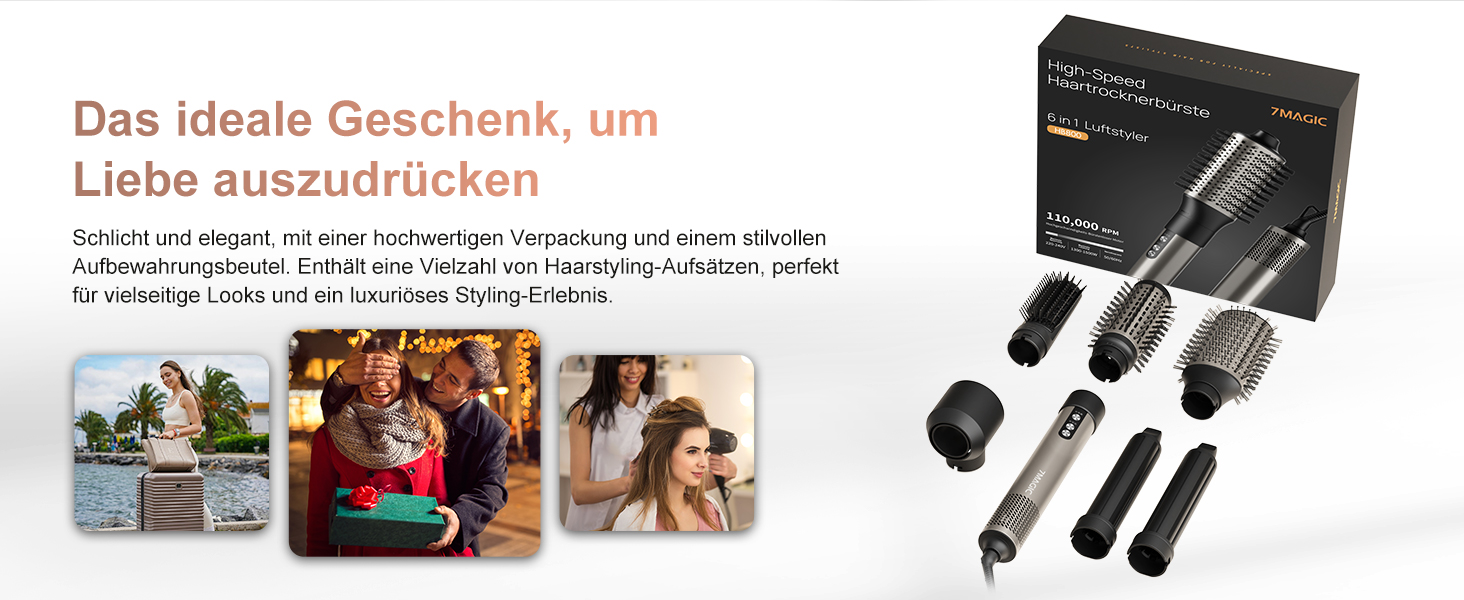 7MAGIC Airstyler 6-в-1: фен-щітка, плойка, завивка, іонізація, для волосся, подорожей, сріблястий