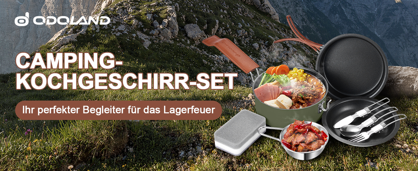 Набір посуду для кемпінгу Odoland: каструля, сковорода, тарілки, миски, столові прибори (10 предметів)
