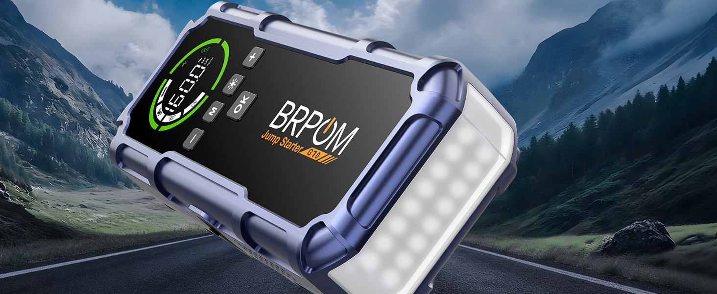 Пусковий пристрій BRPOM 9000A з компресором 160 PSI, бустер для бензинових та дизельних двигунів до 12.0L, павербанк з LED-ліхтарем 600 лм, фіолетовий