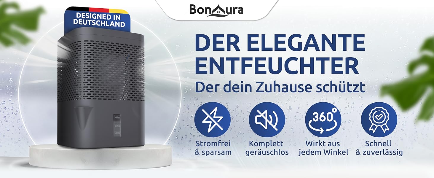 BonAura® Безструменевий осушувач повітря - для підвалів, ванних кімнат та інших приміщень - 680г осушувального грануляту в комплекті - Осушувач повітря, захист від плісняви, Titanium Grey