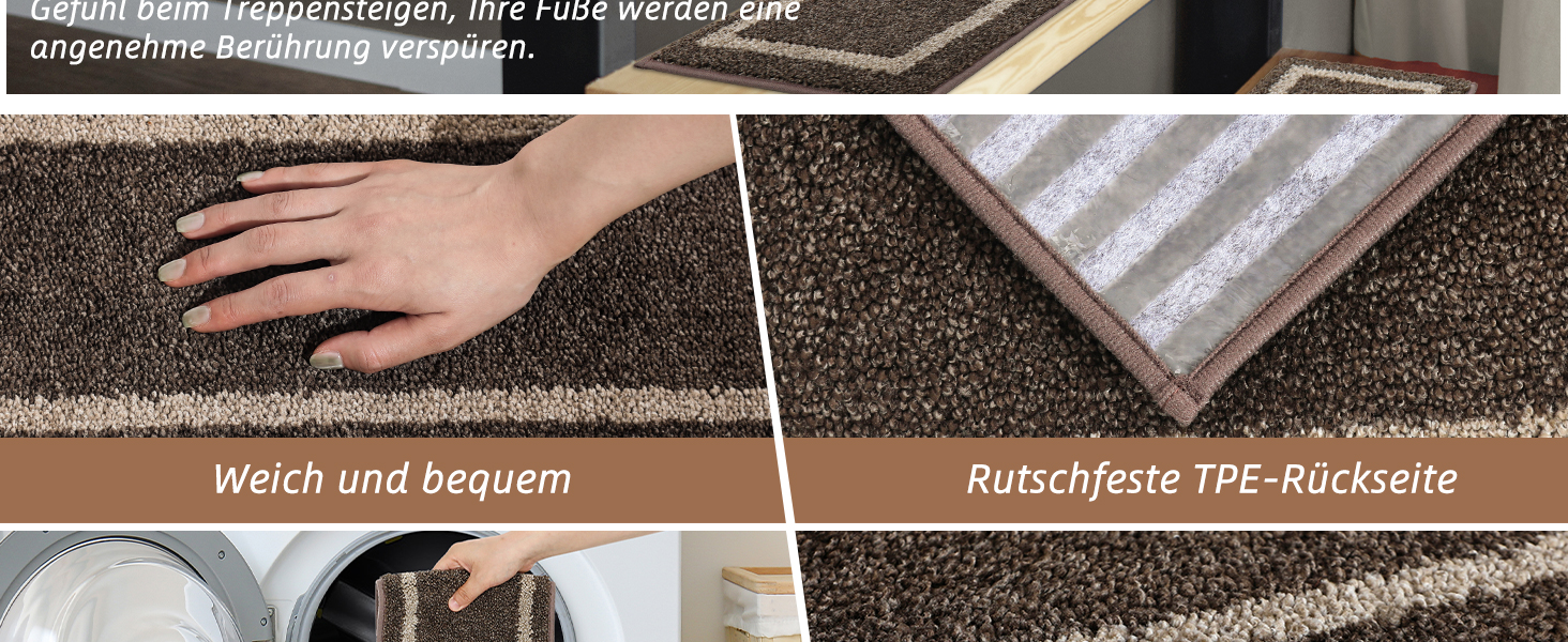 Килимок для сходин COSY HOMEER 70x22 см (15 шт.), самоклеючий, антиковзкий, для дому, машинного прання, 100% поліестер, TPE-підкладка (Коричневий, 4 шт.)