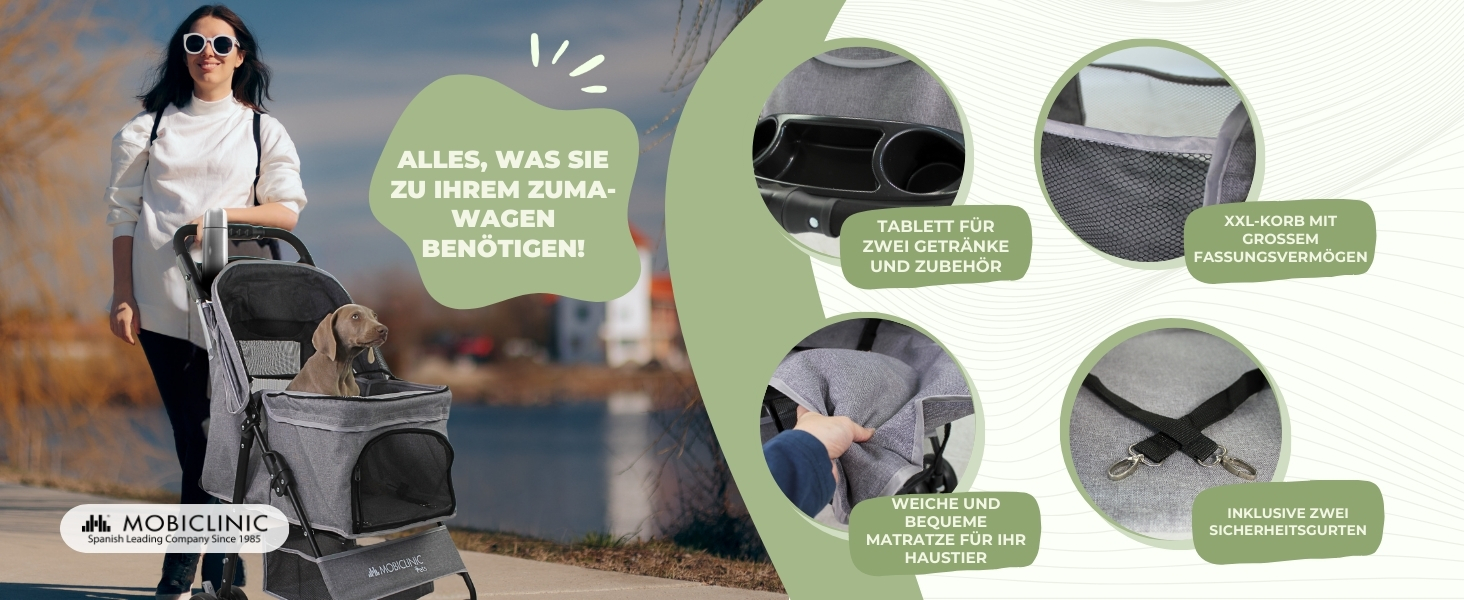 Mobiclinic® Pet Folding Dog Cart - 15kg Capacity, Small Dogs, Zuma Wheels with Brakes, XXL Storage Basket, 3 Zipper Windows & Mosquito Net, Cup Holder, Grey