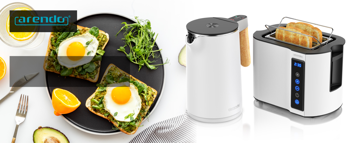 Набір Arendo: чайник з регулюванням температури та тостер на 4 скибочки з підігрівом для булок – нержавіюча сталь, білий матовий