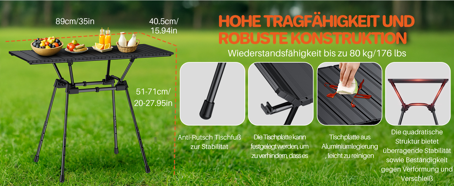 FUNYKICH Стіл для кемпінгу складний 82 x 40 см, регульована висота (44/70 см), легка збірка, портативний, з сітчастою кишенею, алюмінієва поверхня, для барбекю, кемпінгу, вечірок, саду (89 x 40 x 51/63/67/71 см)
