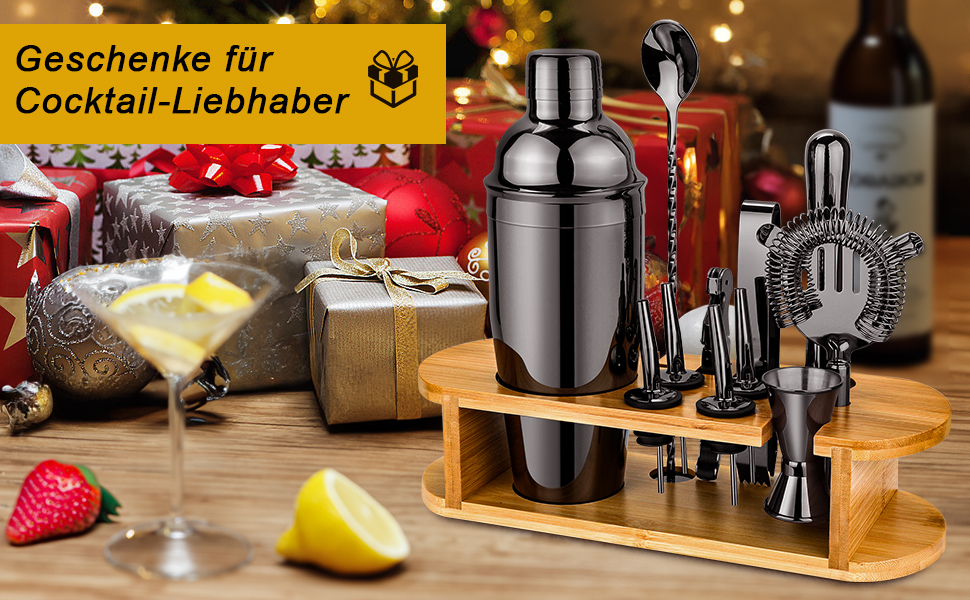 Набір шейкерів для коктейлів з підставкою, професійний, 12 предметів, нержавіюча сталь, для дому, чорний