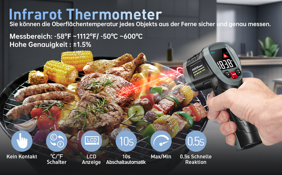 Інфрачервоний термометр Eventek -50°C до 600°C з лазером, регульована випромінювальна здатність, цифровий, LCD дисплей. Для гриля, піци, кухні, промисловості (чорний з аксесуарами 3 в 1)