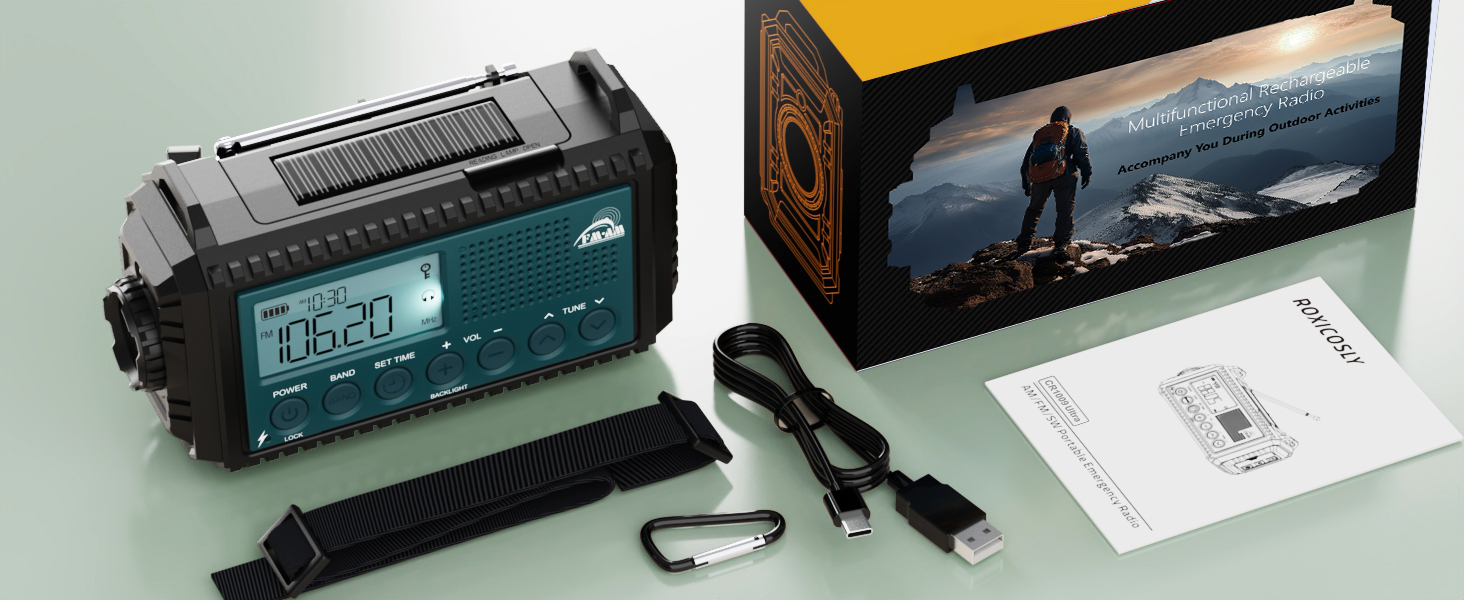 Радіо Roxicosly з ручним заводом та сонячною панеллю, 12000mAh Power Bank, AM/FM радіо для будівельних майданчиків, з ручним заводом та 5-ма способами живлення, приймач на весь світ, ліхтарик та зарядний пристрій, для відпочинку на природі, кемпінгу, надзвичайних ситуацій, блакитний колір