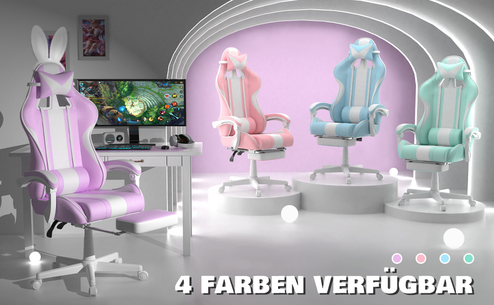 Ergonomic Gaming Chair with Footrest - Racing Style PC Gaming Chair with Headrest, Lumbar Support & Bunny Ears (Violet)