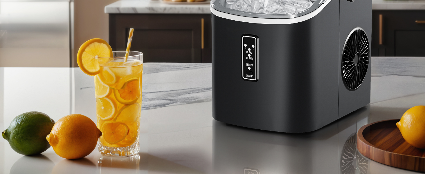 EUHOMY Ice Maker - Compact Portable Ice Machine for Home & Kitchen - Makes 9 Cubes in 6 Minutes, 12kg/Day, Self-Cleaning, 2 Sizes, Black, 1.2L