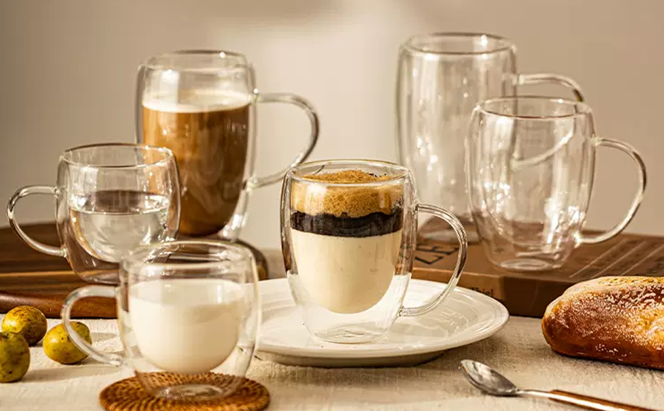 Набір 4 склянки для кави з подвійними стінками, 350 мл, з ручкою, з боросилікатного скла, для лате макіато, капучино, молока, чаю