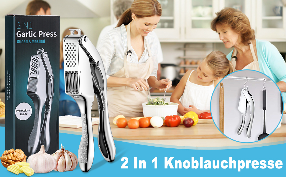 Прес для часнику з нержавіючої сталі 2 в 1 з очищувачем та щіткою, для миття в посудомийній машині
