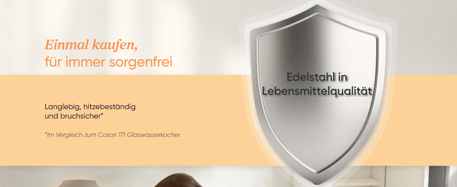 Електричний чайник Cosori з нержавіючої сталі, 1.7 л, BPA free, Strix-технологія, 2200W, з функцією захисту від сухого кипіння, поворотний на 360°