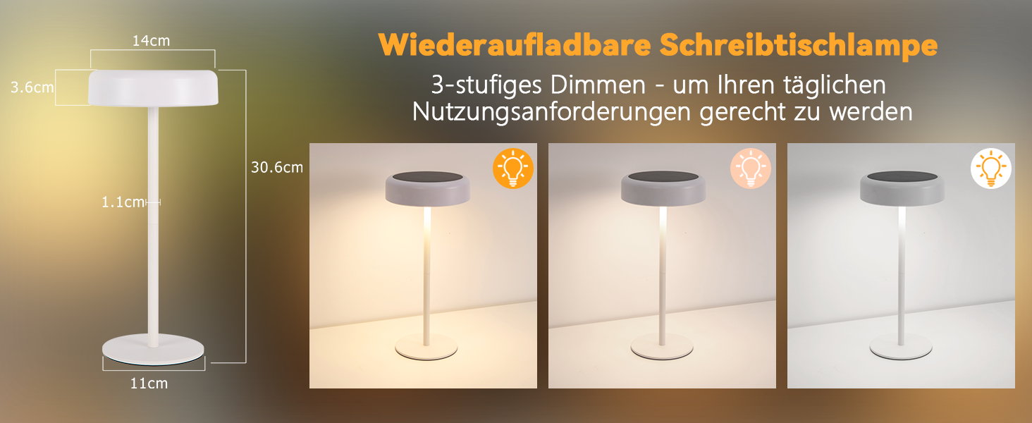 Настільна лампа на сонячній батареї з акумулятором LED, 2 шт. - Бездротова, з димером, сенсорна, біла, для дому та вулиці (IP44)