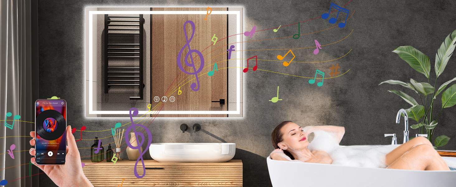Дзеркало для ванної кімнати 50x70 см з підсвічуванням LED, антизапарююче, димування, 3 кольори світла, Bluetooth
