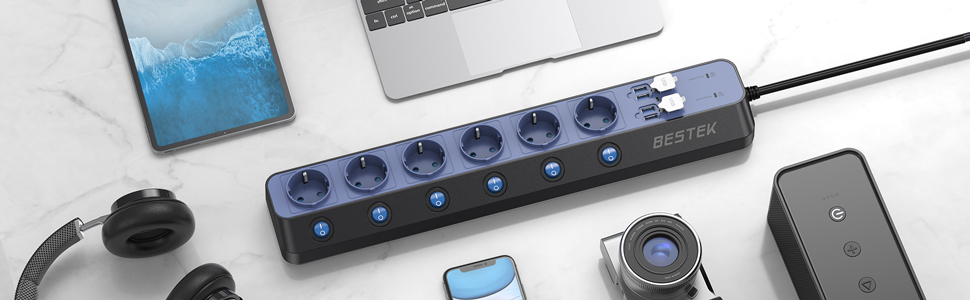 BESTEK Розподільник розеток 6-фазний з USB, захист від перенапруги 900 Дж, настінний, з вимикачем, синьо-білий, кабель 3 м