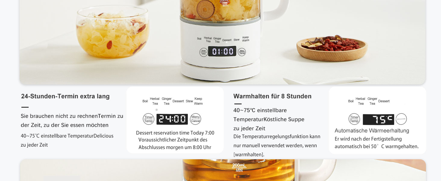 Електричний чайник Glas 0.6L, 500W, регулювання температури 40-75°C, таймер, сенсорне управління, BPA-free, компактний, для кухні/спальні/кемпінгу, для чаю/кави, білий