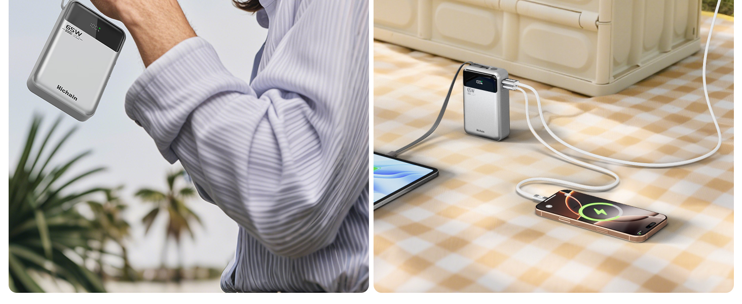 Power Bank Hichain 65W 20000mAh USB-C з кабелем, LED-дисплей, для MacBook, iPhone, Samsung, iPad, планшетів - Синій