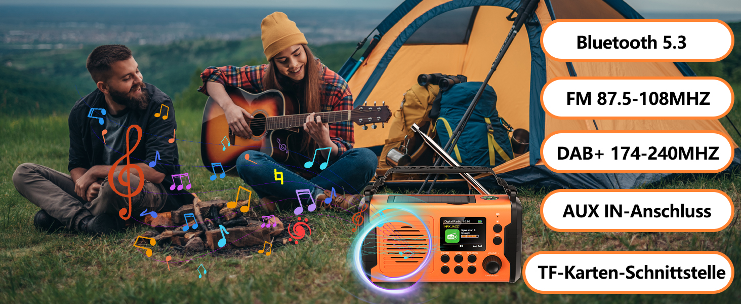 Радіо Kurbelradio з сонячною панеллю та живленням від ручки, 20000mAh, DAB/DAB+/FM, Bluetooth 5.3, Powerbank, SOS, ліхтарик, компас, AUX, TF картка, LED-лампа, помаранчеве