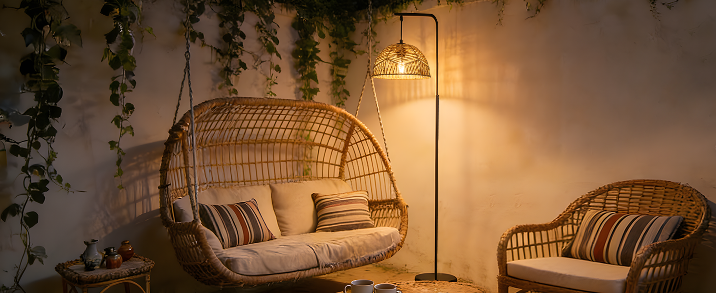 Торшер Rattan Boho - Стильний торшер для вітальні, спальні, тераси, офісу E27 164 см, чорний, з ніжкою-вимикачем