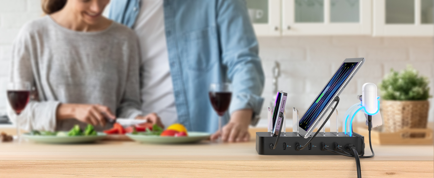 Зарядний хаб SooPii USB 60W/12A з 6 портами, органайзер для декількох пристроїв, з тримачем для Apple Watch, 6 кабелів у комплекті (Чорний)