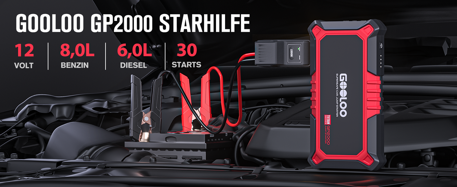 Powerbank Starthilfe GOOLOO GP2000 для автомобіля: 2000A, 12V, до 8.0L бензин/6.0L дизель, USB-швидка зарядка, LED, кабель для пуску
