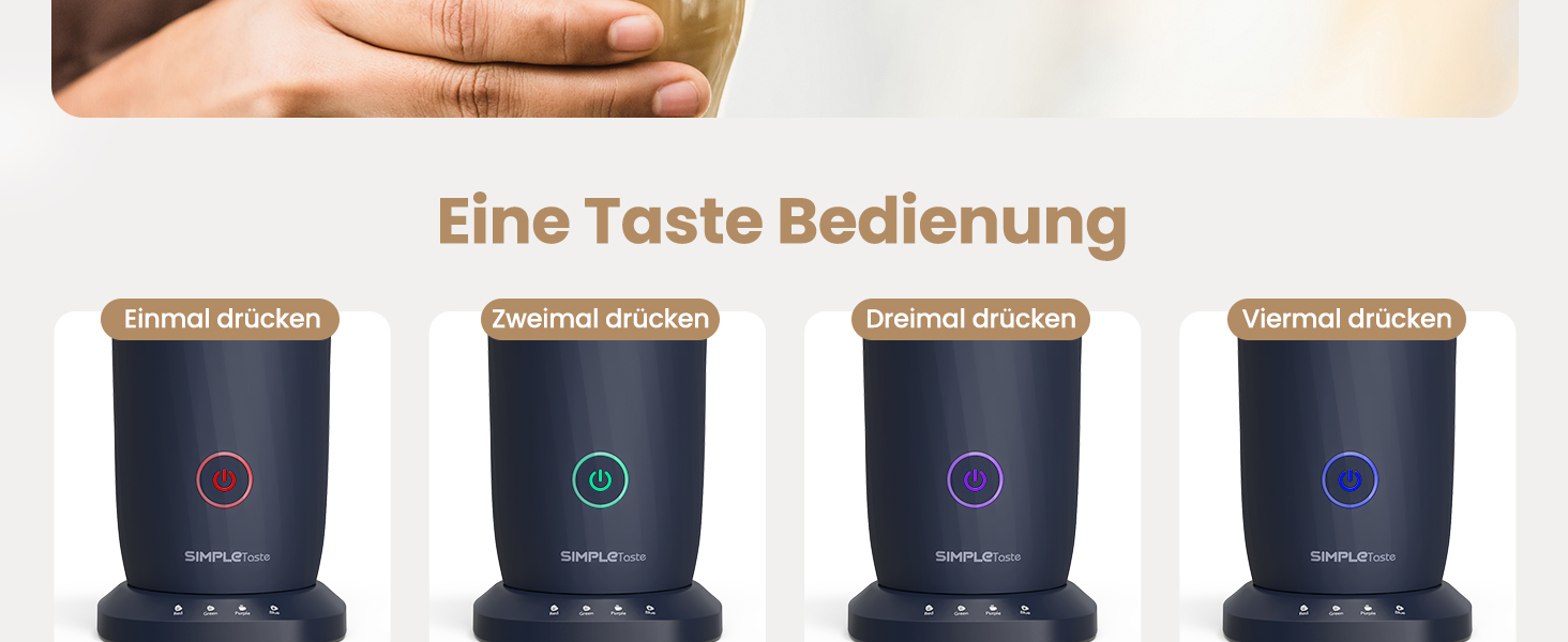 Електричний спінювач молока SIMPLETASTE 4-в-1: гарячий та холодний спінений молочний напій, підігрів молока, приготування какао, антипригарне покриття, автоматичне вимкнення, тиха робота, BPA-free, для капучино та лате з насадкою для збивання
