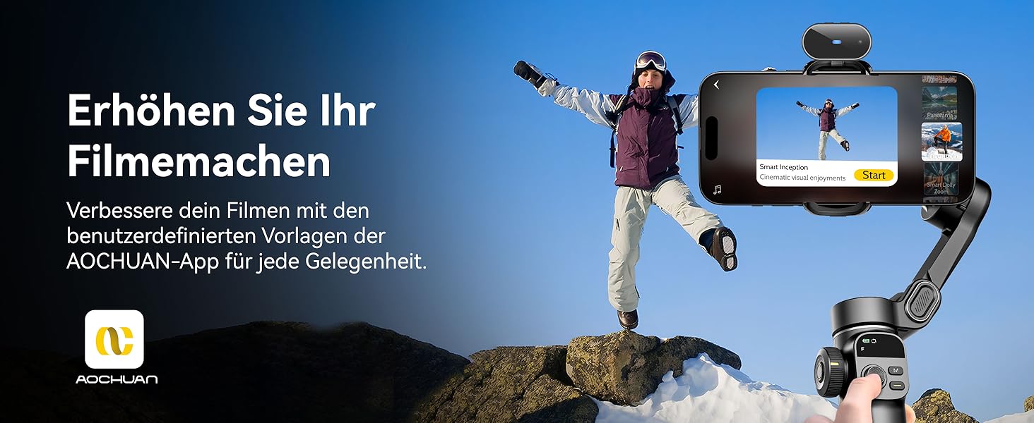 Стабілізатор Gimbal AOCHUAN для iPhone/Android з 7.8-дюймовою штангою та OLED-дисплеєм - 3-осьовий, чорний