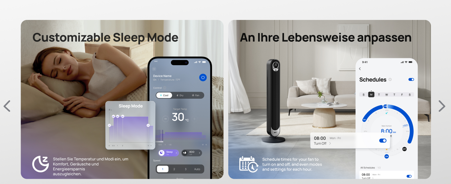 Дрео розумний вентилятор з мотором DC 20dB, 11 м дальность, з пультом керування, 9 режимів, 4 моди, 90° осциляція, голосове керування, таймер 12H, Wi-Fi, для спальні